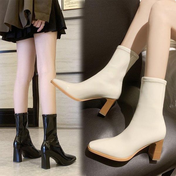 

boots elegant fashion mid-calf for women high heels square toe pu botas mujer autumn spring heel casual tube boots1, Black