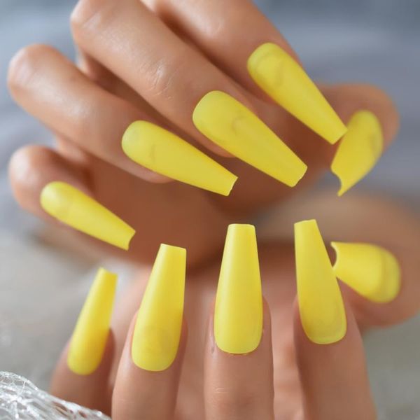 

false nails matte yellow super long press on coffin ballerina fake acrylic artificial tips for women and girls 24pcs, Red;gold