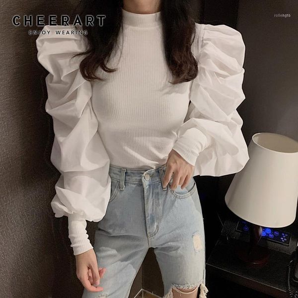 

cheerart puff sleeve turtleneck knitted womens and blouses black white ladies korean blouse clothing fashionable11