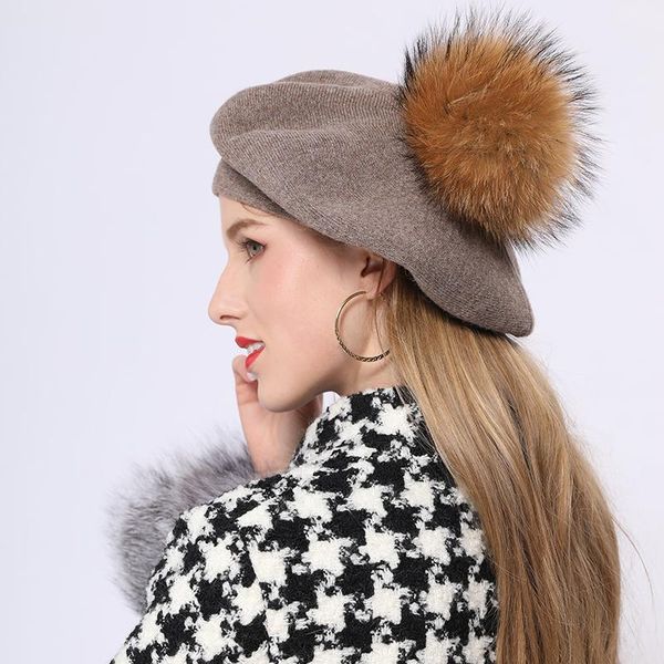 

winter ladies women elegant french style solid knitted wool raccoon fur pom beret femme artist hat mjf-b-01, Blue;gray