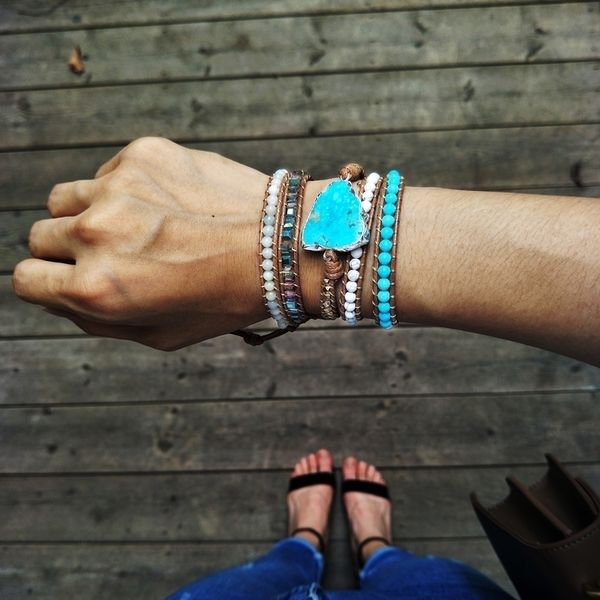 

unique mixed natural stones turquoises charm 5 strands wrap bracelets handmade boho women leather bracelet dropshipping y200730, Black