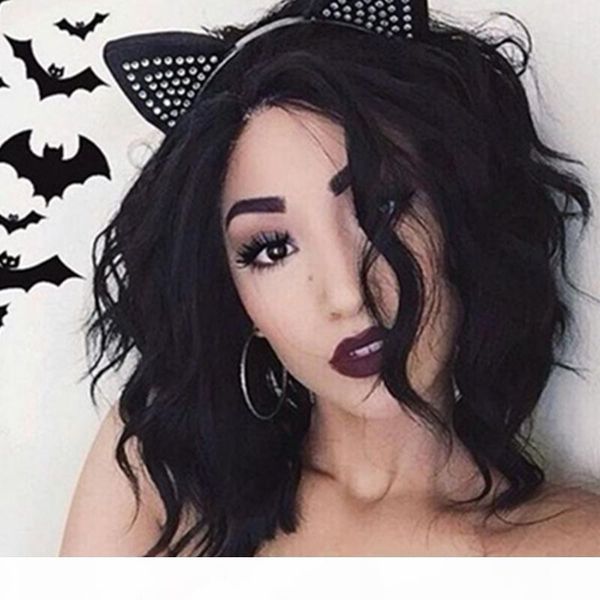 

full lace human hair wig wavy short wave natural wave pre-plucked hairline brazilian virgin hair 150% density lace front wig with baby hair, Black;brown