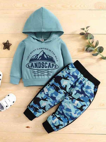 

baby mountain and slogan graphic hoodie & camo print sweatpants she, White