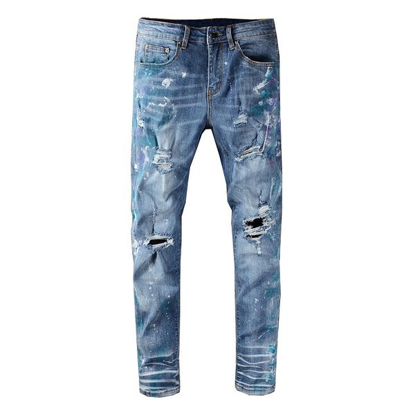 

men's painted holed ripped jeans trendy streetwear ny slim stretch denim pants, Blue