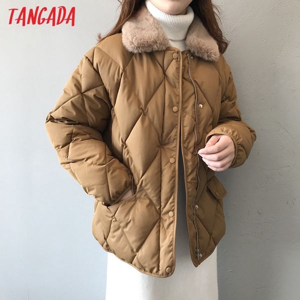 

tangada women solid loose fur collar parkas thick waist adjust 2020 winter long sleeve zipper pockets female overcoat asf74 1014, Black