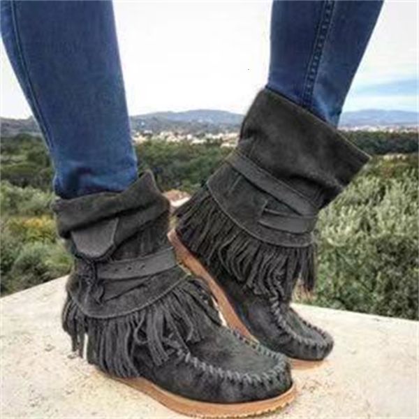 

2020 new women ankle short boots tassels round toe buckle strap ethnic style warm non-slip boots shoe for lady warm botas mujer, Black