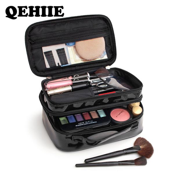 

women pu makeup bag black double layer waterproof toilettry bag travel organizer beautician case portable cosmetic storage bags t200106