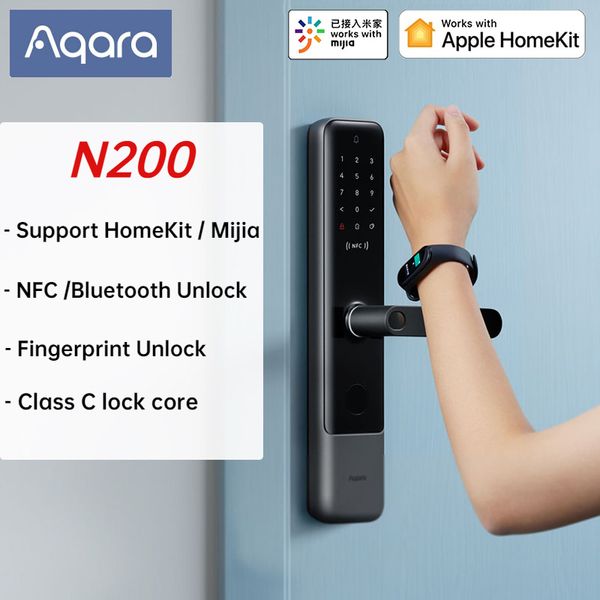 Aqara N200 Smart Bloqueio da porta 3D Password de impressão digital NFC desbloqueio classe C bloqueio mecânico com suporte de campainha mijia apple homekit 201013