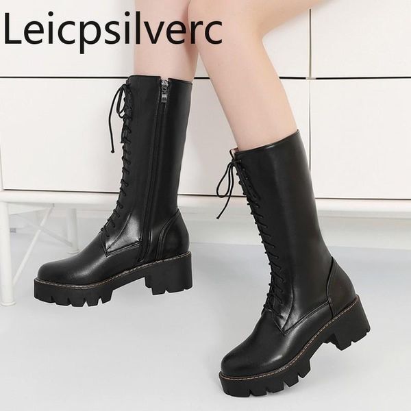 

women's boots autumn and winter the new fashion round head zipper mid heel middle tube women's shoes plus size 34-43 5.5cm high, Black