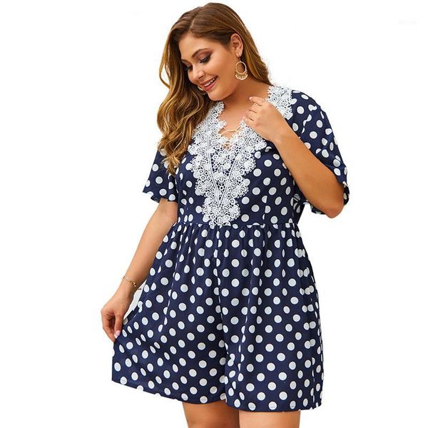 

women's jumpsuit europe and america fashion summer v-neck dot printing lace stitching plus size loose shorts rompers 2020 k2991, Black;white