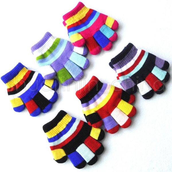 

children magic gloves fashion kids warm wnter rainbow stretchy lovely girl colored double layer knitted gloves, Blue;gray
