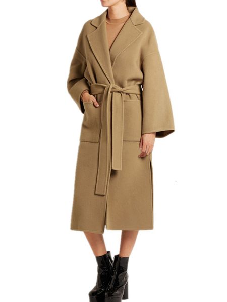 

lapel neck long sleeve women outwear long coats with belt asymmetrical split fashion winter warm cashmere wool ladies coat, Black