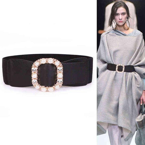 Big Pearl Crystal No Pin Fibbia Cintura Belt Donna Punk Plus Ampia Viaggi Vestito Moda Nuovo Nero Morbido Pelle Cummerbunds Cappotto Girls G220301