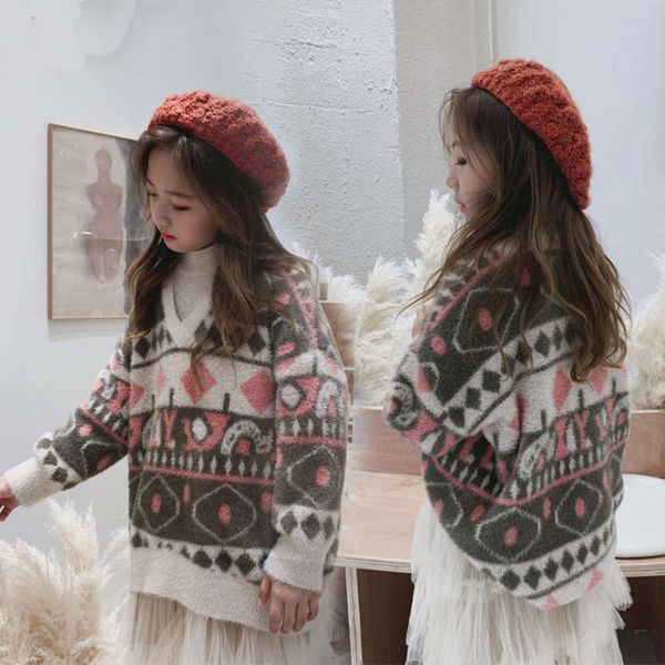 

winter clothing korean girls' new middle school fashion geometry children's mink cashmere sweater, Blue