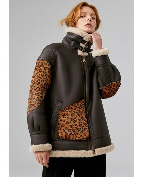 

women's leather & faux winter leopard locomotive wool fur one coat genuine jacket women shearling sheepskin coats, Black