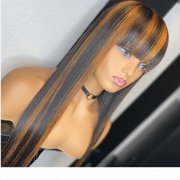 

fringe wigs ombre blonde brown highlights 13x6 lace front human hair wigs with baby hair brazilian full lace wig with bangs 360 lace frontal, Black