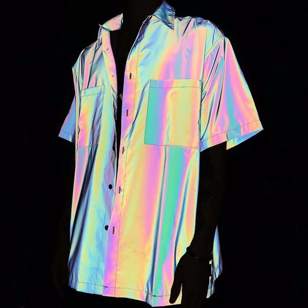 

spring summer colorful reflective men short sleeve shirt street hip hop punk blouse man vintage casual rainbow reflective shirts c1222, White;black