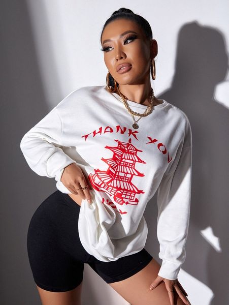 

sxy letter & building print drop shoulder pullover z0c4#, White;black