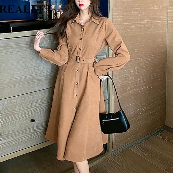 

realeft 2021 new vintage women dress fashion natural waist long sleeve turn down collar pockets belt ladies midi dress female, Black;gray
