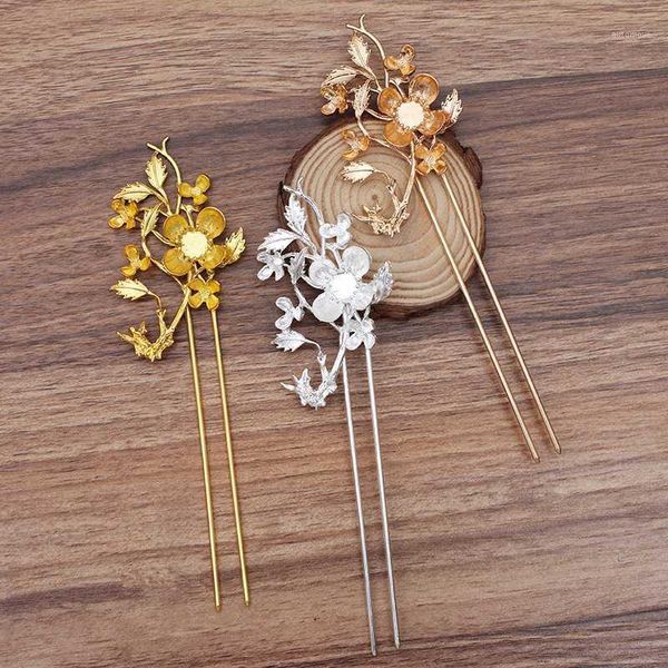 

5 pieces/lot metal filigree flower hair sticks hair forks diy bridal wedding jewelry findings1, Golden;silver