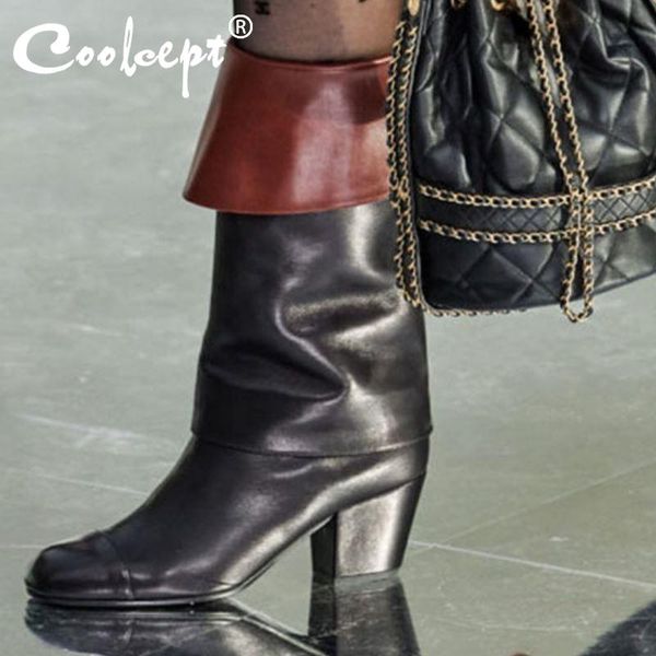 

boots coolcept size 33-43 women half short thick high heel shoes winter warm fashion party ladies footwear, Black