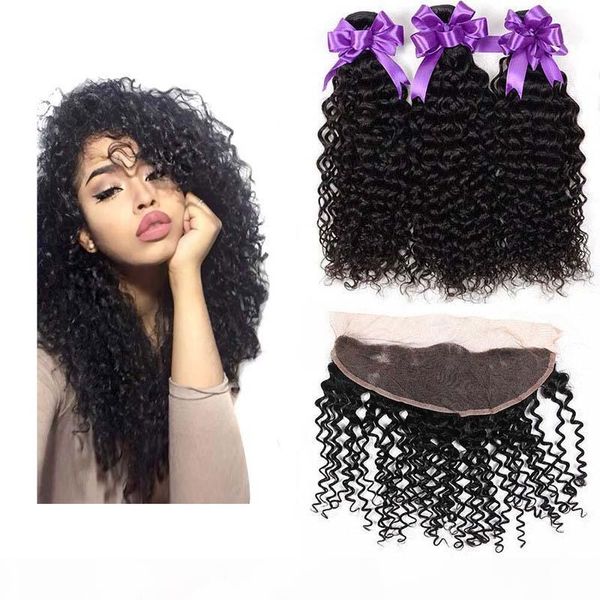 

13x4 lace frontal with bundles peruvian kinky curly virgin human hair weave frontal closure and wefts unprocessed natural black color, Black;brown