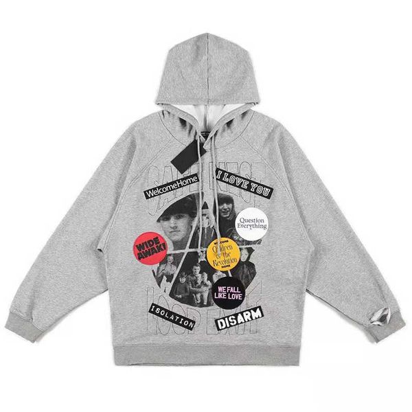 

men's hoodies raf simons slogans embroidered stickers damaged washed terry sweater street loose oversize hoodie, Black
