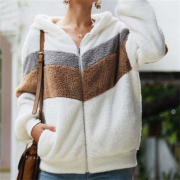 

women's sweatshirts patchwork hoodies zipper long sleeve loose warm plush sweatshirt for female autumn fashion hoody lj200808, Black
