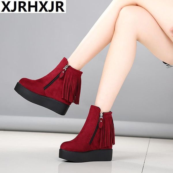 

boots fringe tassel wedge women platform shoes for autumn winter round toe ankle female side zipper black microfiber 411