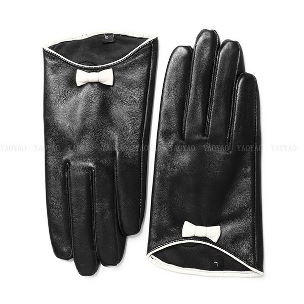 

yy5392 classic women fall winter genuine leather short gloves famale white bowknot black patchwork thin eldiven guantes mujer, Blue;gray