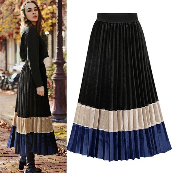 

new pleated skirt velvet autumn winter skirt vintage bottom midi long color block elegant office streetwear jet 1, Black