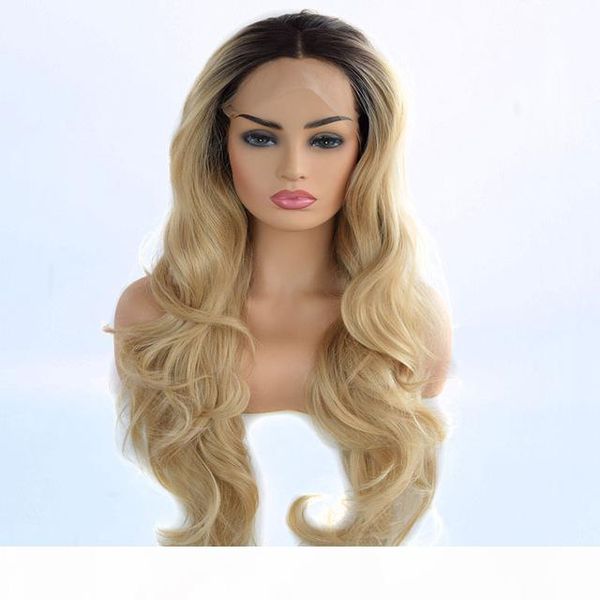 

synthetic lace front wig dark roots ombre gold blonde body wave heat resistant fiber hair synthetic wigs natrual hairline for white women, Black;brown