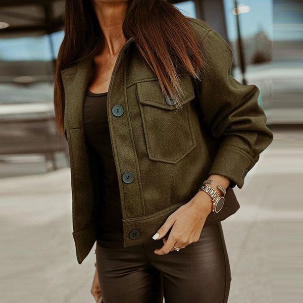 

fleece short winter jacket coat women solid woolen outwear long sleeve single-breasted poacket coat thick outwear, Black