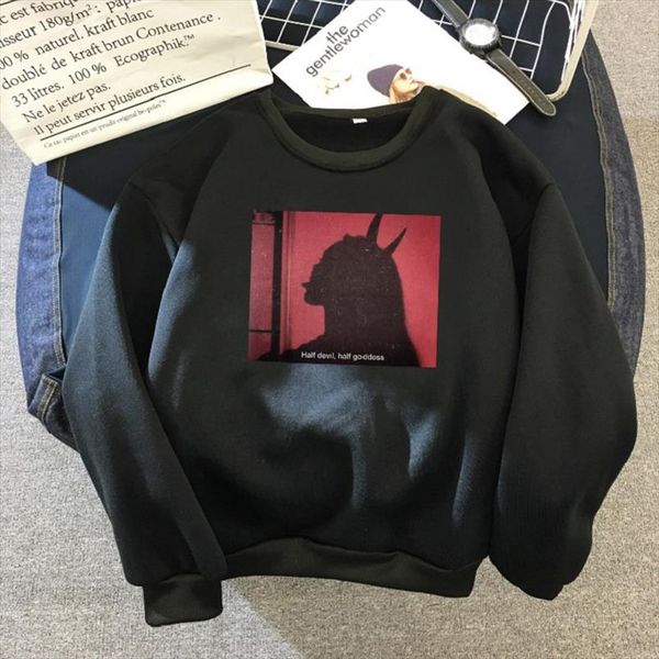 

demon print winter casual female punk dark o neck large size loose female new gothic letter ins long sleeve vintage sweatshirt, Black