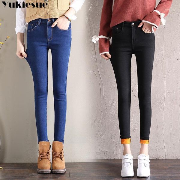 

women's jeans warm winter plus size slim women stretch cotton denim pants thick fleece student trousers blue black gray size1