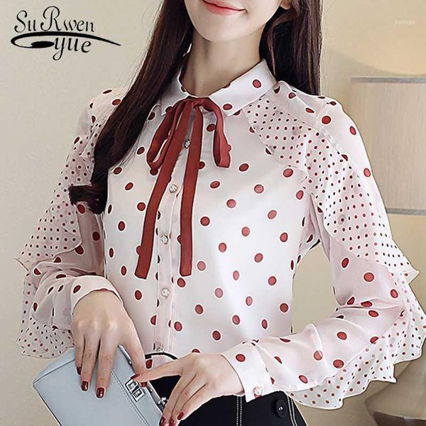 

women's blouses & shirts long sleeve women blouse autumn 2021 fashion dots shirt with ruffles bow chiffon slim fit lady clothing 21951, White