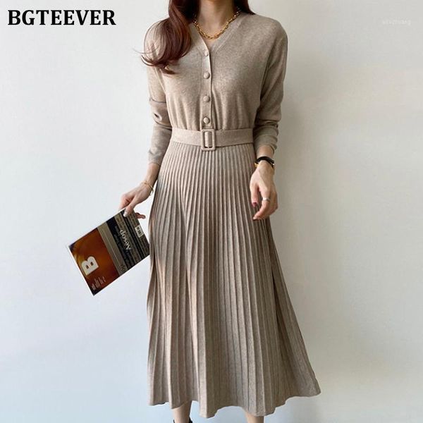 

bgteever vintage v-neck single-breasted women knitted pleated dress long sleeve belted a-line sweater dress femme autumn winter1, Black;gray
