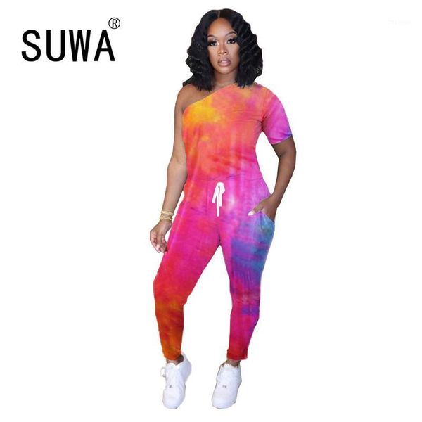 

fashion design print rompers women jumpsuit off shoulder tie dye overalls for women body femme1, Black;white