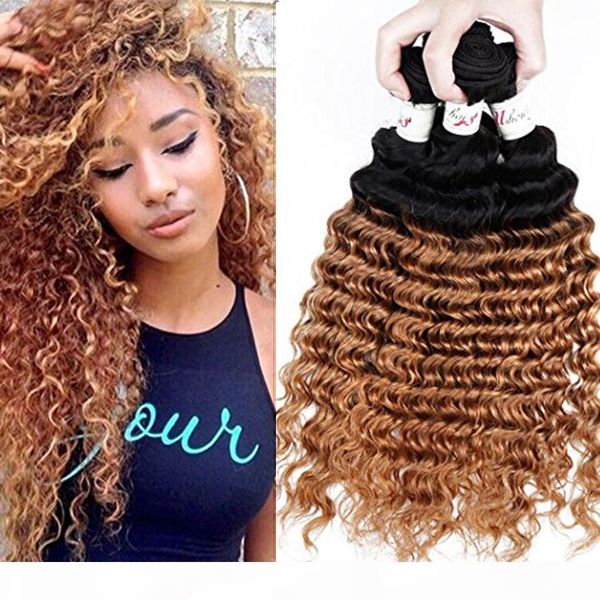

1b 27 honey blonde dark root ombre brazilian deep wave two tone human hair weave weft extensions brazilian virgin curly 3bundles lot 10-30, Black;brown
