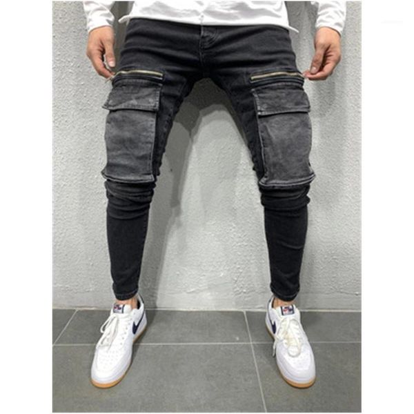 

sweatpants designer male autumn new teenager slim denim pencil pants man big pocket hip hop jeans fashion trend casual zipepr skinny denim, Blue