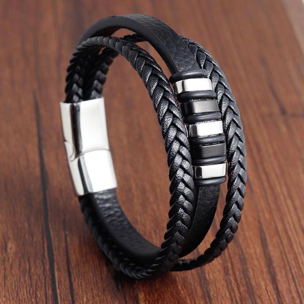 

fashion male jewelry bracelet multilayer braid leather rope chain stainless steel magnetic clasp wristband male jewelry, Golden;silver