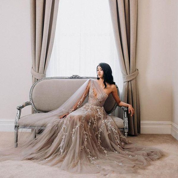 

illusion beach prom dresses one shoulder ruched lace appliques beaded sequined bridal gowns tulle skirt evening dress, Black