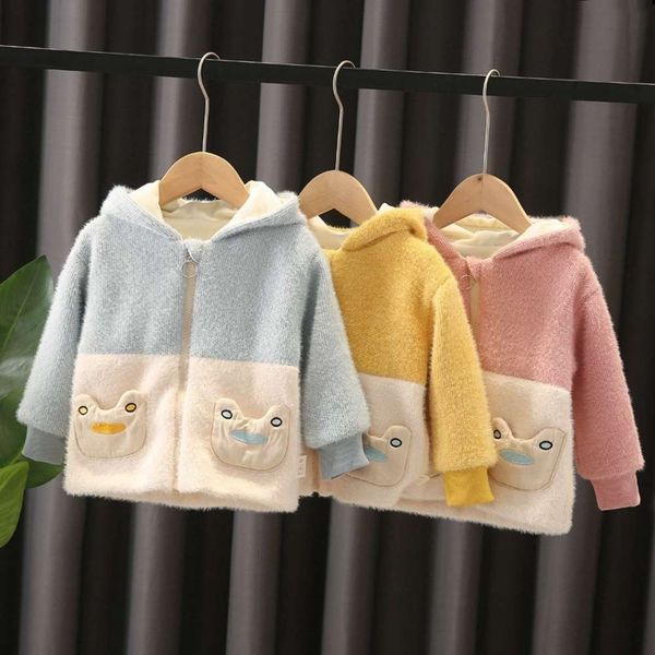 

children's knitted cardigan long sve winter clothing plush boys and girls hooded thickened sweater coat, Black