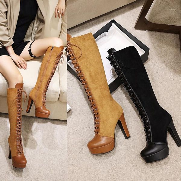 

knee high platform boots women new fashion 2020 winter round toe super high heels cross-tied zip motorcycle long boots size 421, Black