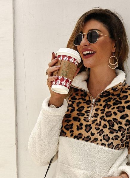 

2021 winter fleece sweater fashion leopard patchwork fluffy thick sweaters warm zipper pullovers women winter coat sherpa, White;black