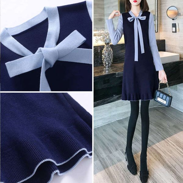 

women's winter 2020 autumn new dress medium length with bottom knitted skirt, Black;gray