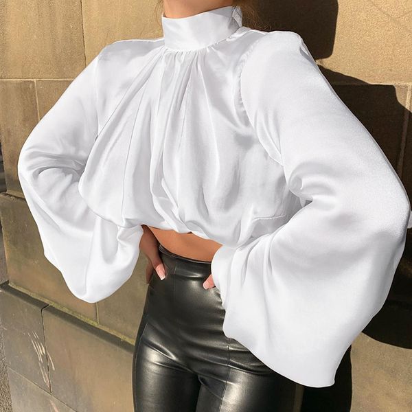

women's casual solid turtleneck satin lantern sleeve crop blouse shirt, White