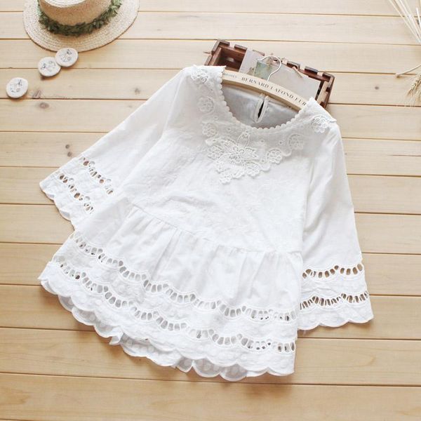 

women sweet casual hollow out three quarter sleeved crochet lace cotton white female princess shirt blouses mori girl u4731