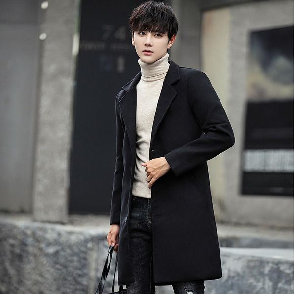 

wool coat 2021 autumn men's long version winter korean medium length windbreaker trench coats, Tan;black