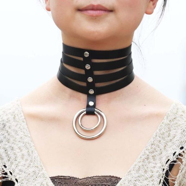 

chokers faux leather choker punk goth collar necklace for women metal circle chocker bondage cosplay club party festival jewelry, Golden;silver